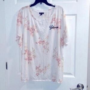 Glamour x Lane Bryant White Slub Short Sleeve Blouse Top Shirt Floral Print